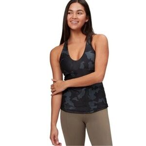 Prana Layna Cross Back Built-in Bra Tank Top Black Camo Size Large Gym Workout
